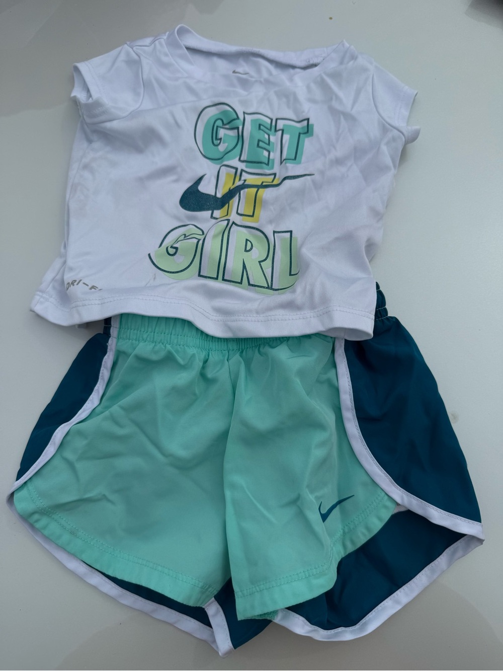 Nike Girls' White Tee with Teal and Dark Teal Layered Shorts Set